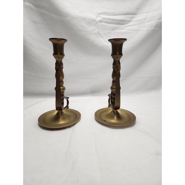 1960's Tilting Brass Candlestick Holders With Drip Tray & Holder - A Pair For Sale - Image 6 of 11