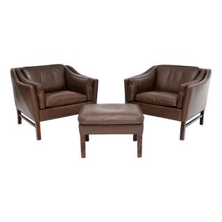 Vintage Danish Leather Armchairs and Ottoman attributed to Georg Thams for Grant Mobelfabrik, 1960s, Set of 3 For Sale