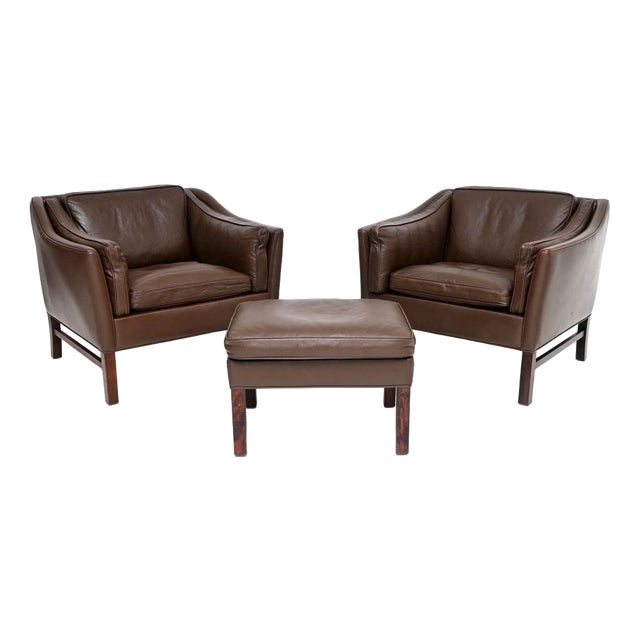 Vintage Danish Leather Armchairs and Ottoman attributed to Georg Thams for Grant Mobelfabrik, 1960s, Set of 3 For Sale