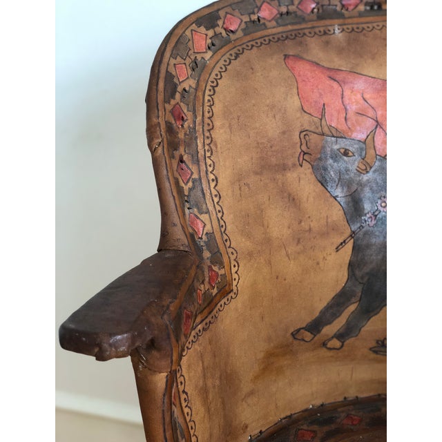 Mexican Equipale Folk Art Chair With Hand-Painted Bullfight Scene 1930s For Sale - Image 11 of 12