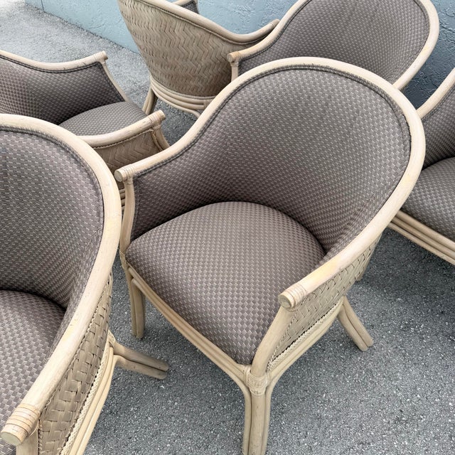 Wood Boho Chic Rattan and Wicker Barrel Dining Chairs by Budji - Set of 6 For Sale - Image 7 of 12