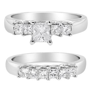 14K White Gold 1 1/2 Cttw 5 Stone Princess Diamond Engagement Wedding Ring Set (H-I Color, SI2-I1 Clarity) - Ring Size 7 For Sale