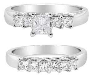 14K White Gold 1 1/2 Cttw 5 Stone Princess Diamond Engagement Wedding Ring Set (H-I Color, SI2-I1 Clarity) - Ring Size 7