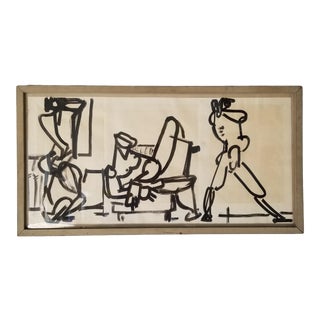 1950s Abstract Figurative Ink Drawing by William Freed, Framed For Sale