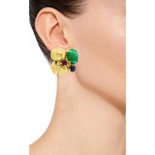 12 Carat Cabochon Emerald Diamond Clip Earrings 14 Karat Yellow Gold, Estate For Sale - Image 18 of 18