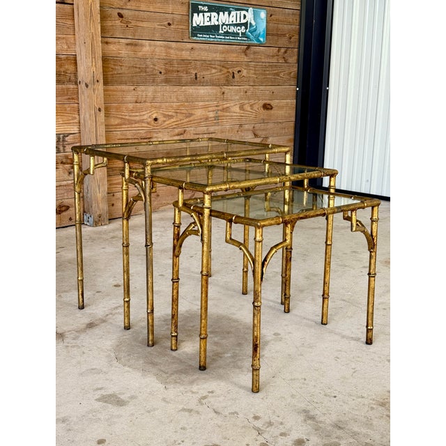 Mid-20th Century Regency Gilded Faux Bamboo Metal Nesting Tables-Set of Three For Sale - Image 10 of 12
