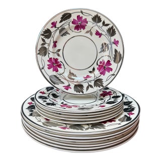 Vintage Myott Sons & Co Staffordshire England Fuschia & Silver Lustre Garland Dinnerware - Set of 12 For Sale