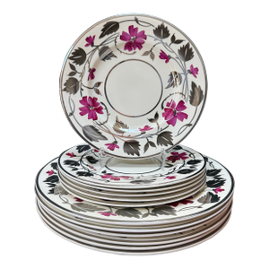 Vintage Myott Sons & Co Staffordshire England Fuschia & Silver Lustre Garland Dinnerware - Set of 12