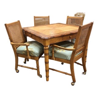 Faux Bamboo Table Set, Mahjong, Card/Game Table With 4 Chairs. Fully Refurbished With New Upholstery. For Sale