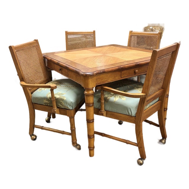 Faux Bamboo Table Set, Mahjong, Card/Game Table With 4 Chairs. Fully Refurbished With New Upholstery. For Sale