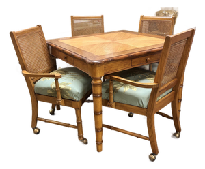 Faux Bamboo Table Set, Mahjong, Card/Game Table With 4 Chairs. Fully Refurbished With New Upholstery.