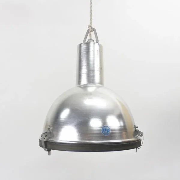 Industrial ceiling lamp I.E.P. brand. Polished aluminum with glass diffuser. This piece has an attribution mark, I am sure...