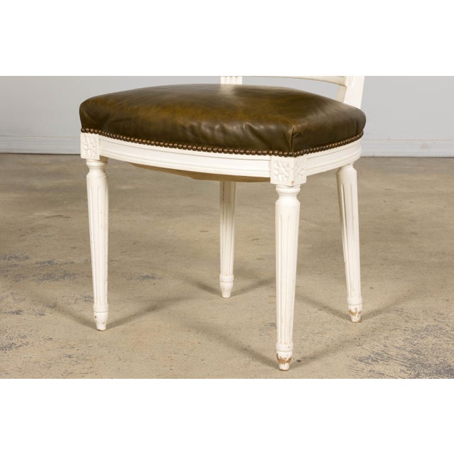 Antique French Louis XVI Style Painted Chairs With Olive Green Leather - A Pair For Sale - Image 10 of 18