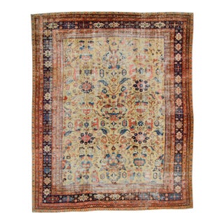 1880s Antique Allover Macaroon Yellow Blue Hand-Knotted Rug - 10’7” X 13’ For Sale