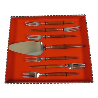 Mid-Century Dutch Cake Serving Set in Teak and Stainless Steel from Amefa, 1960s, Set of 7 For Sale