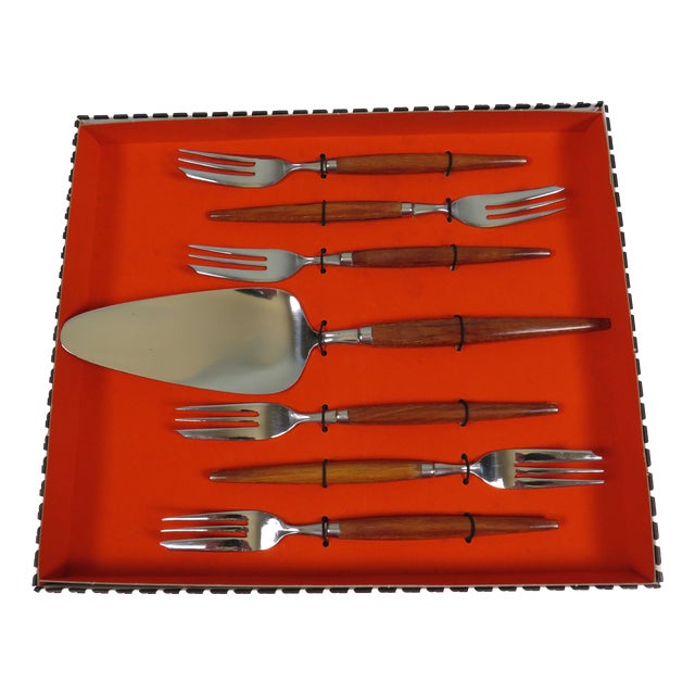 Mid-Century Dutch Cake Serving Set in Teak and Stainless Steel from Amefa, 1960s, Set of 7 For Sale