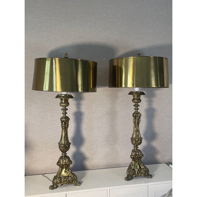 Antique Palatial Baroque Style Brass Lamps With Brass Shades - a Pair For Sale - Image 12 of 12
