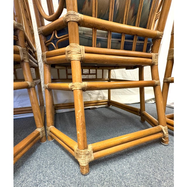 Vintage McGuire Style Rattan and Rawhide Barrel Armchairs With Cushions- Set of 4 For Sale - Image 10 of 12