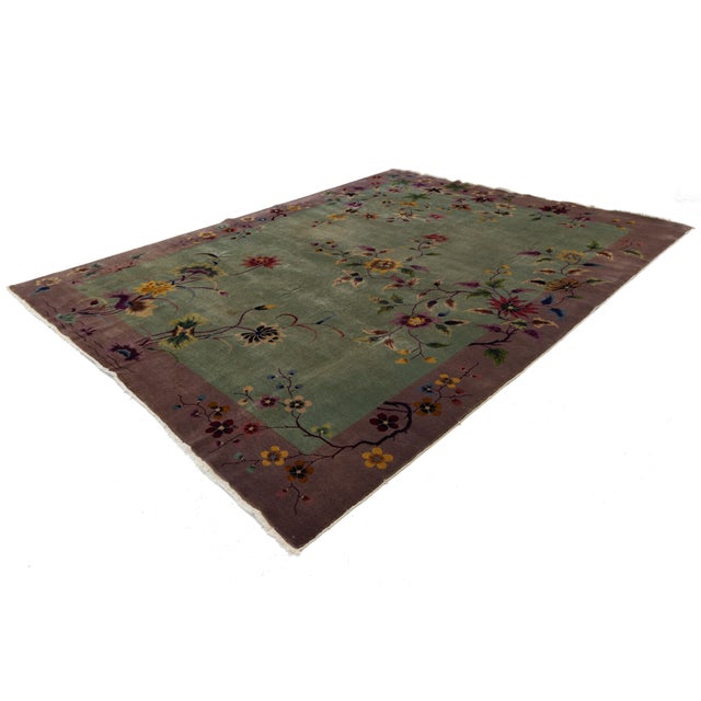 Antique 1920s Art Deco Chinese Nichols Rug in Sage Green & Plum Floral Design For Sale - Image 11 of 12