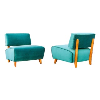 Restored 1930s French Art Deco Velvet & Elm Slipper Chairs After Paul Laszlo For Sale