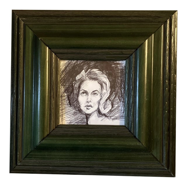 1970’s Original Female Portrait Ink Drawing Framed For Sale
