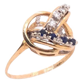 14 Karat Yellow and White Gold Freeform Ring With Sapphires and Diamonds, Size 6.5 For Sale