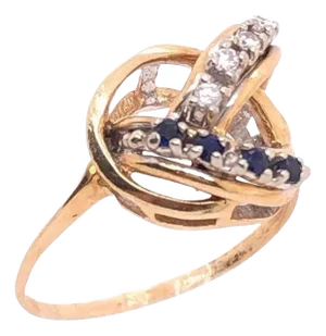 14 Karat Yellow and White Gold Freeform Ring With Sapphires and Diamonds, Size 6.5