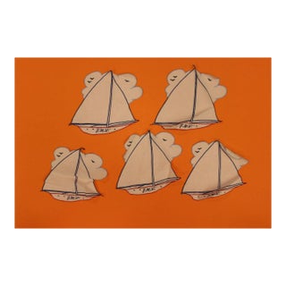 Set of 5 Madeira Linen Jmw Sailboat Cocktail Napkins, Mid 20th Century For Sale