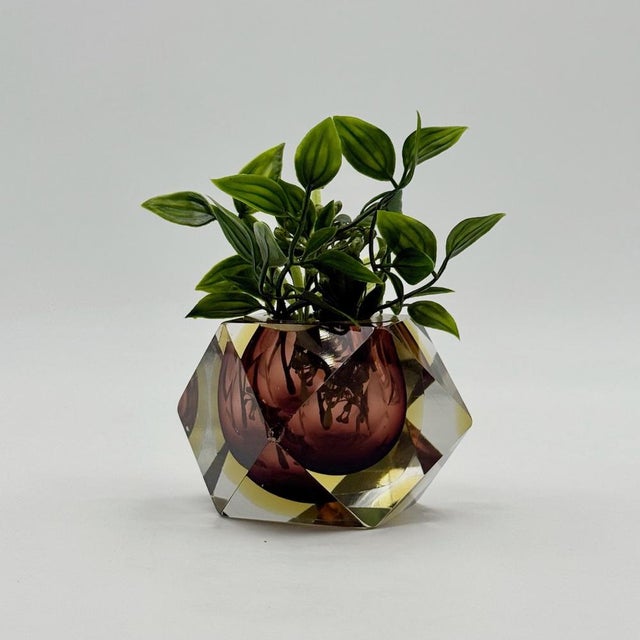 This geometric Sommerso glass vase was produced in Murano, Italy, during the 1970s and exemplifies the sculptural approach...