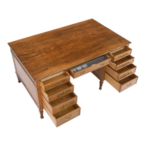 Large Deep Walnut 9 Drawers Partners Style Antique Desk Brass Pulls Table