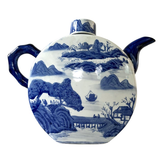 Large Vintage Porcelain Blue Willow Teapot For Sale