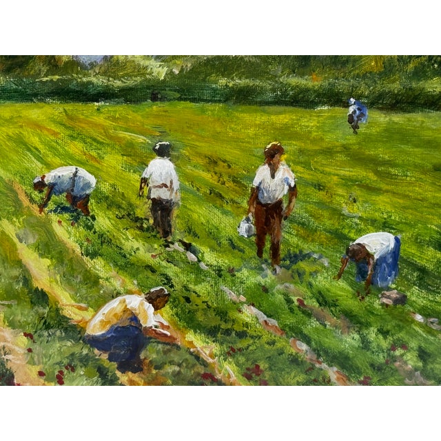 British 20th Century Landscape Oil Painting, Strawberry Pickers Harvesting in West Sussex South Downs For Sale - Image 13 of 18