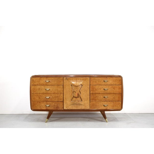 Mid-Century Modern Italian Walnut Burl and Brass Sideboard, 1950s For Sale - Image 12 of 12