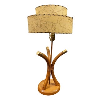 1950s Restored Hourglass Palm Shaped Rattan & Mahogany Lamp W/ Whipple Stitch Shade For Sale