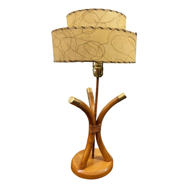 1950s Restored Hourglass Palm Shaped Rattan & Mahogany Lamp W/ Whipple Stitch Shade For Sale