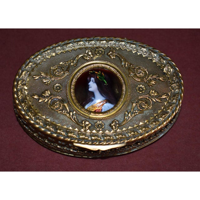 Paint Antique Bronze Casket Box French Ormolu Jewelry Hand Painted Enamel Portrait For Sale - Image 7 of 18