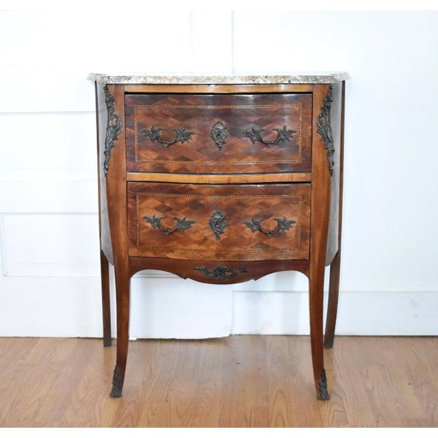 Rococo Antique Louis XV-Style Bombe Marquetry, Ormolu, & Marble Top Bombe Chest of Drawers For Sale - Image 3 of 11