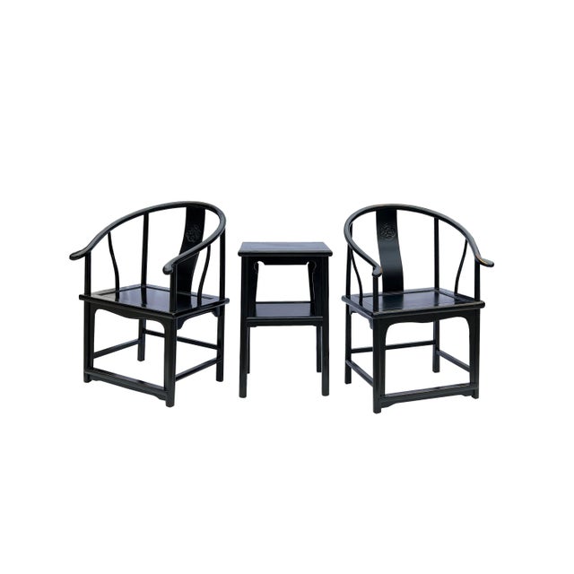 3 Pcs Set Chinese Distressed Black Lacquer Horseshoe Back Armchair Table For Sale - Image 4 of 6