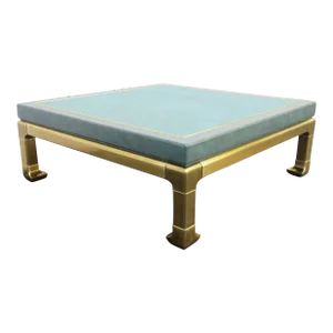 1980s Mastercraft Faux Green Leather and Brass Square Ming Coffee Table 5737