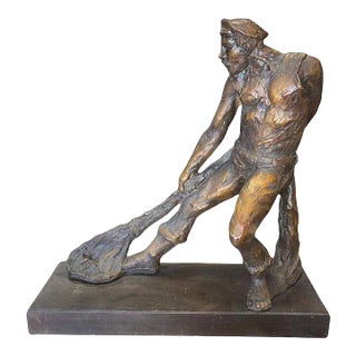 Modern Fisherman with Net Large Plaster Sculpture on Wood Base by Kimro 1969 For Sale