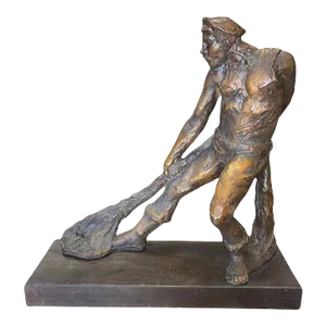 Modern Fisherman with Net Large Plaster Sculpture on Wood Base by Kimro 1969