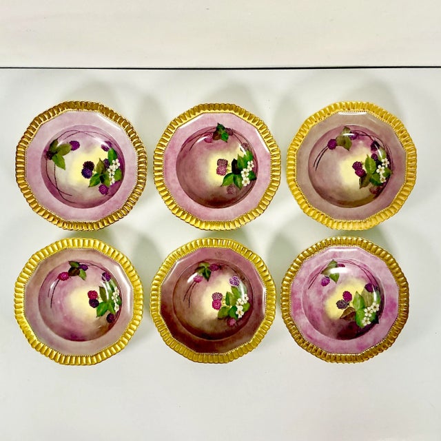 1961 Vintage Boho Chic Hollywood Regency Majolica Czechoslovakia Porcelain Gilded Bowls - Set of 6. For Sale - Image 4 of 14