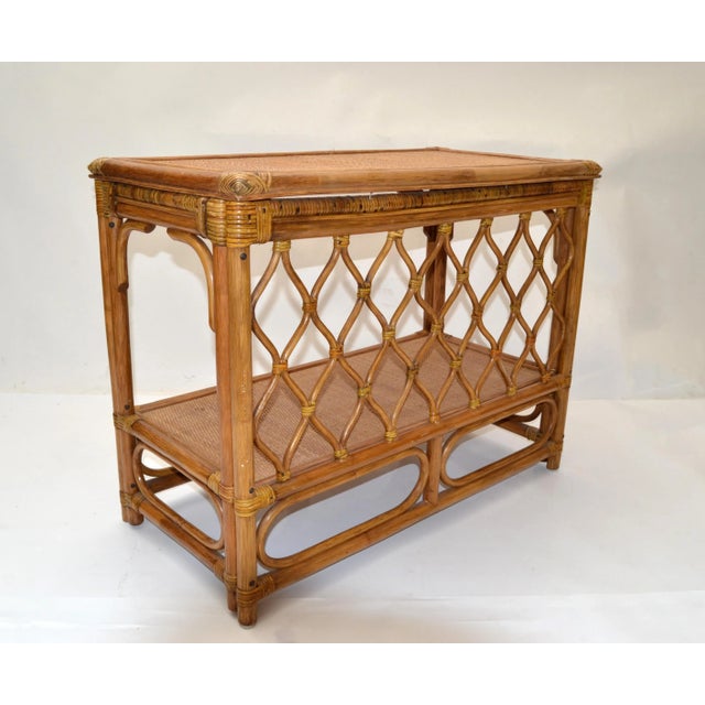 Wood Boho Chic Bent Bamboo & Cane Handwoven Top Dry Bar Console Table Wine Rack 70 For Sale - Image 7 of 13