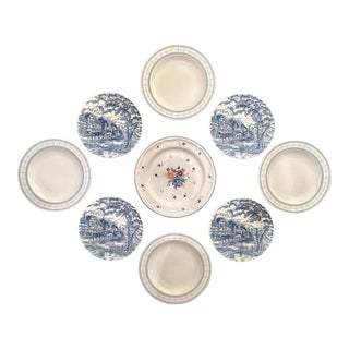 Blue Toile De Jouy Themed Wall Plate Curation- Set of 9 For Sale
