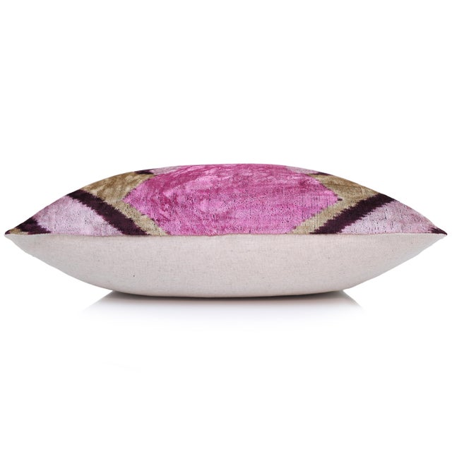 Fuchsia Pink Ikat Velvet Throw Pillow 20x20 | Luxury Designer Accent Cushion For Sale - Image 4 of 8