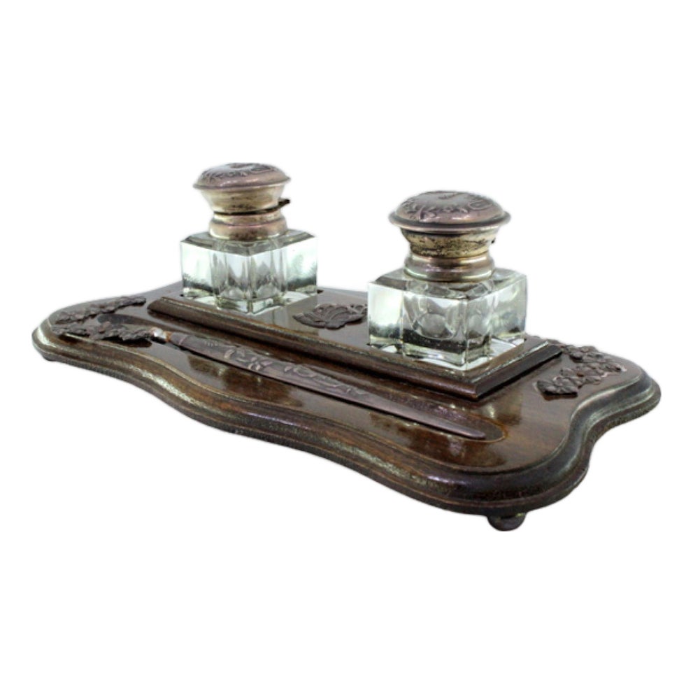 Wood and Glass Inkwell with Pen and Silver Applications | Chairish