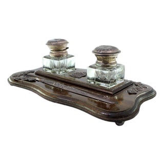 Wood and Glass Inkwell with Pen and Silver Applications For Sale