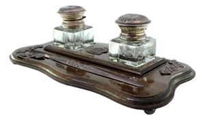 Wood and Glass Inkwell with Pen and Silver Applications
