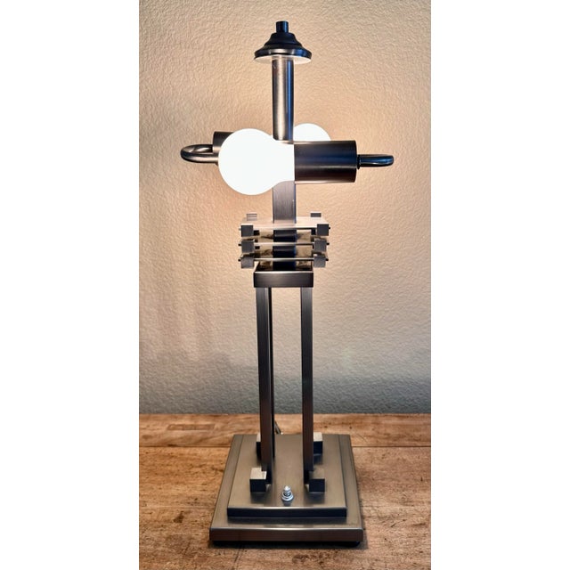 Pair of Vintage Fredrick Ramond Art Deco Slag Glass Table Lamps Frank Lloyd Wright Style For Sale - Image 9 of 12