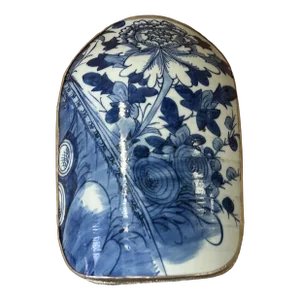 Chinese Old White Base Blue Large Flower Porcelain Art Pewter Box